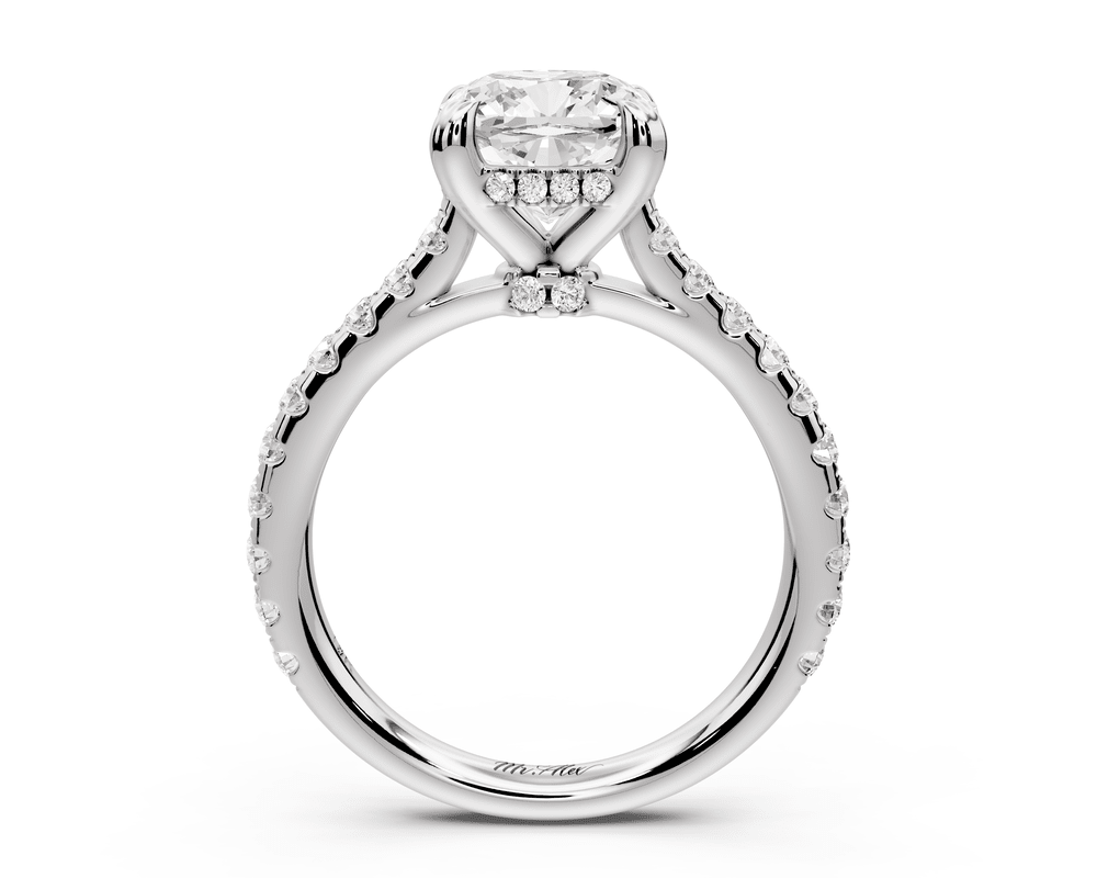 Isabella - 2ct 18k white gold cushion hidden halo diamond bridge cathedral pavé engagement ring - Mr. Alex Jewelry