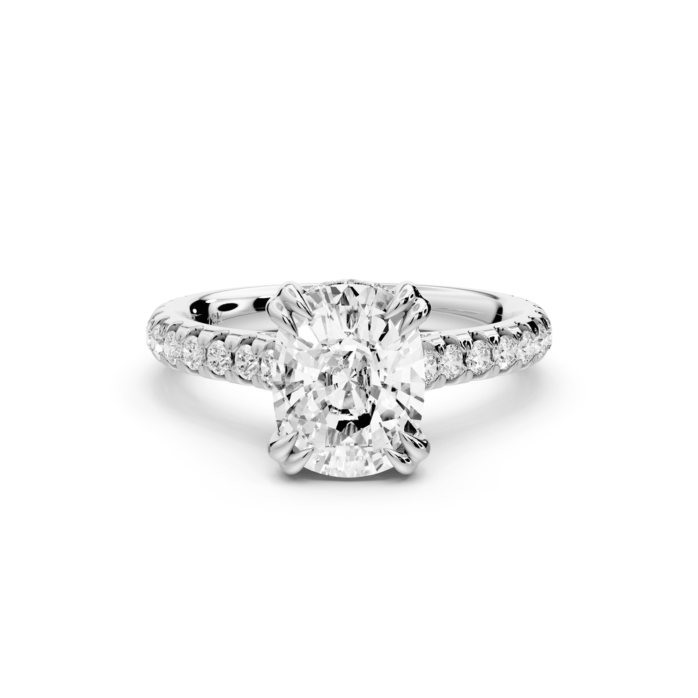 Isabella - 2ct 18k white gold ecushion hidden halo diamond bridge cathedral pavé engagement ring - Mr. Alex Jewelry