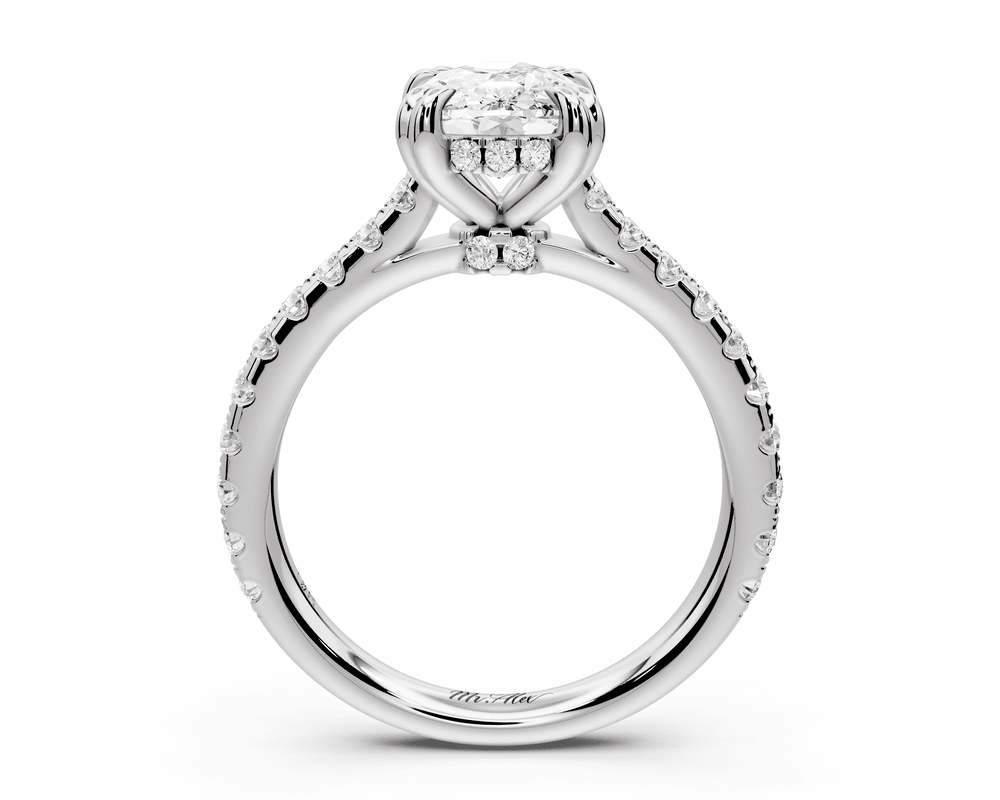 Isabella - 2ct 18k white gold ecushion hidden halo diamond bridge cathedral pavé engagement ring - Mr. Alex Jewelry