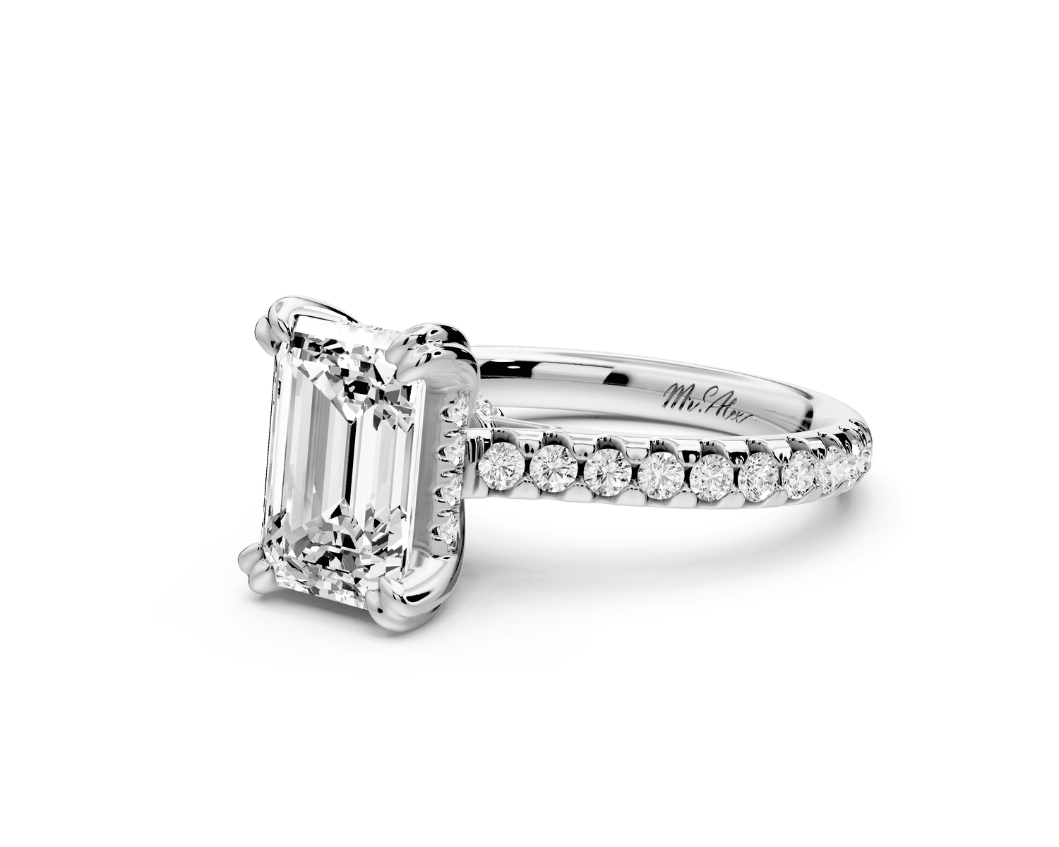 Isabella - 2ct 18k white gold emerald hidden halo diamond bridge cathedral pavé Engagement ring - Mr. Alex Jewelry