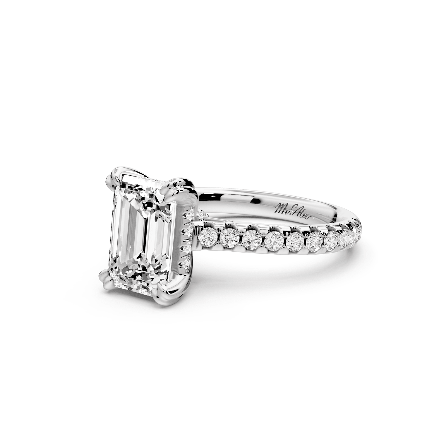 Isabella - 2ct 18k white gold emerald hidden halo diamond bridge cathedral pavé Engagement ring - Mr. Alex Jewelry