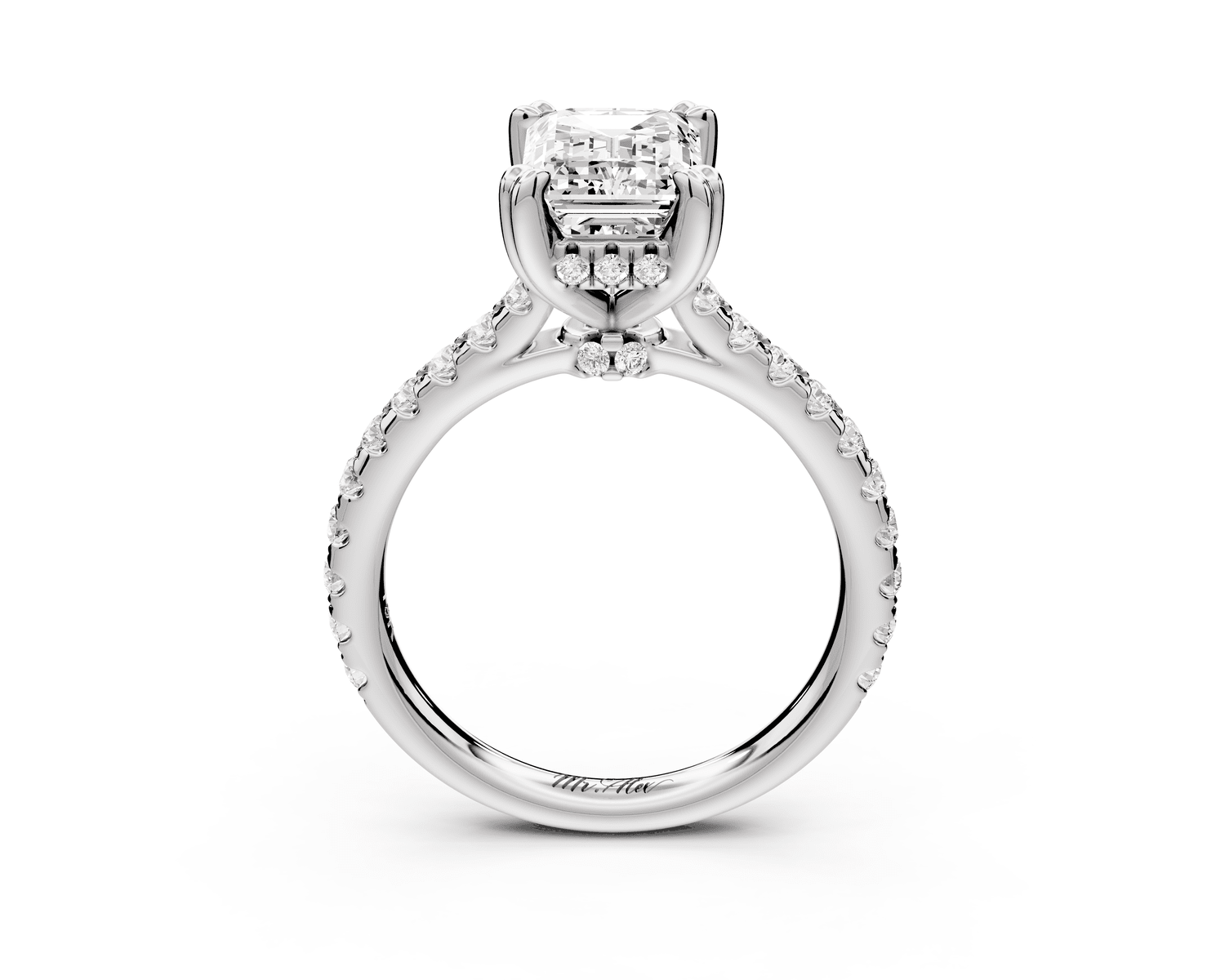 Isabella - 2ct 18k white gold emerald hidden halo diamond bridge cathedral pavé Engagement ring - Mr. Alex Jewelry