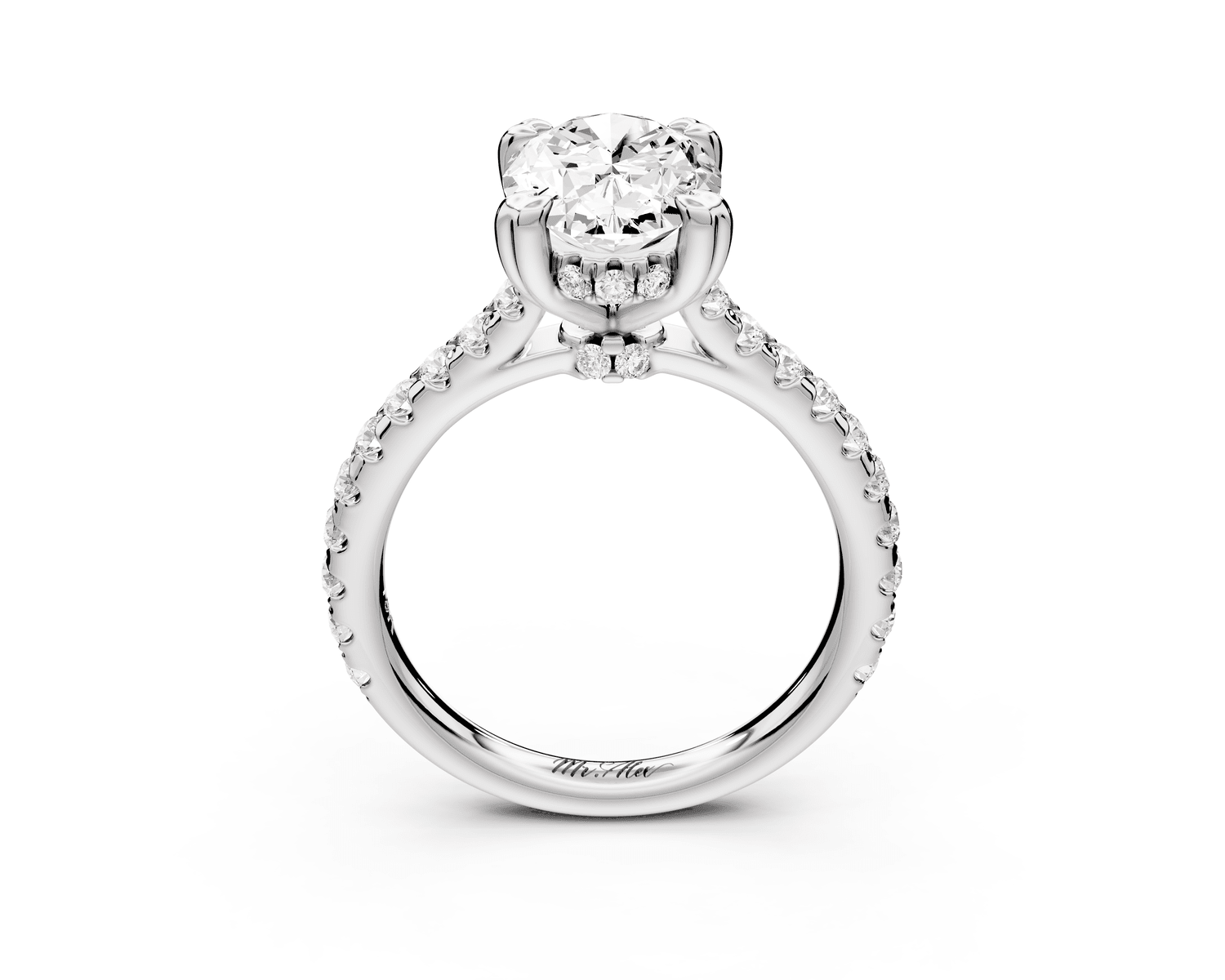 Isabella - 2ct 18k white gold oval hidden halo diamond bridge cathedral pavé Engagement ring - Mr. Alex Jewelry