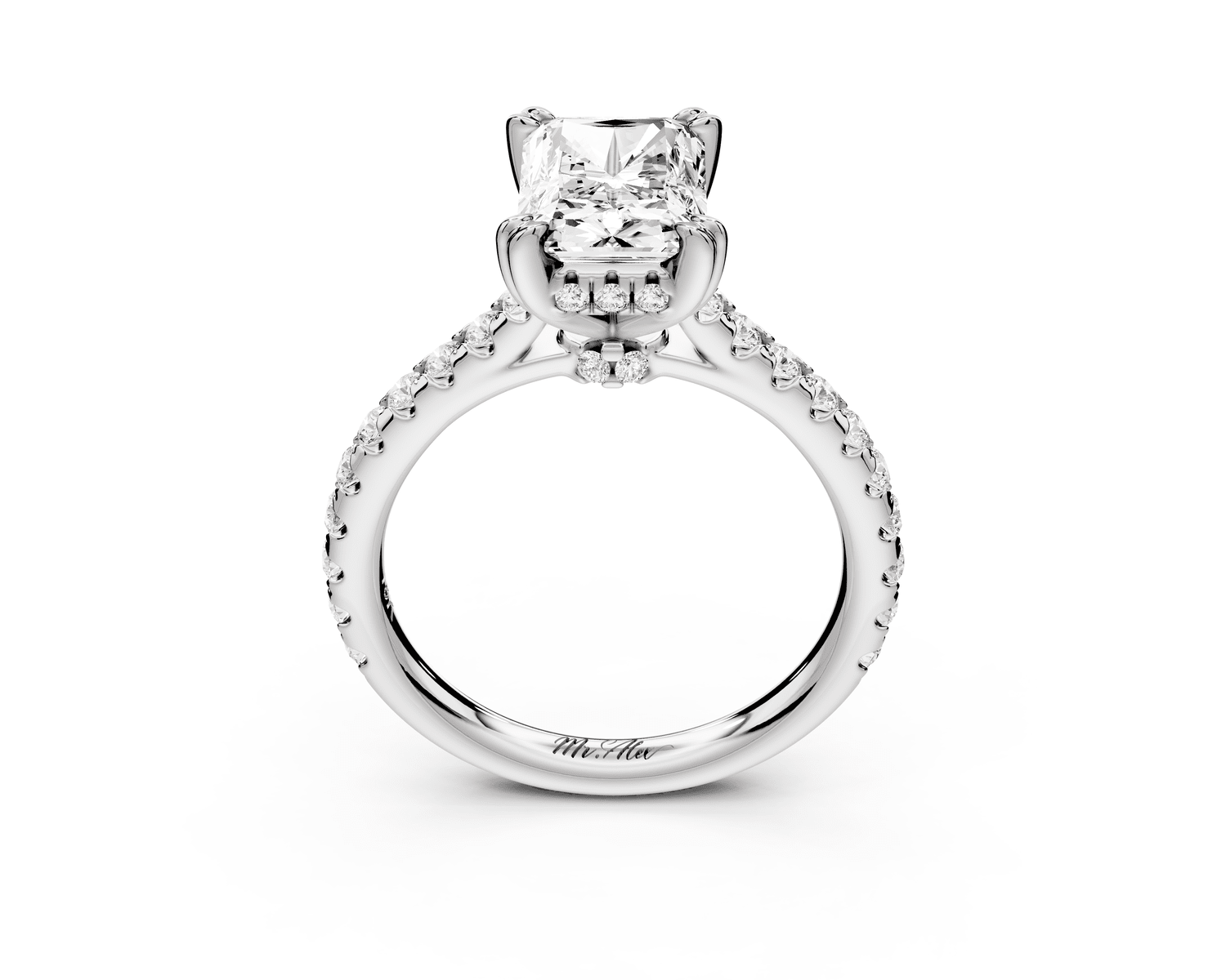 Isabella - 2ct 18k white gold radiant hidden halo diamond bridge cathedral pavé engagement ring - Mr. Alex Jewelry
