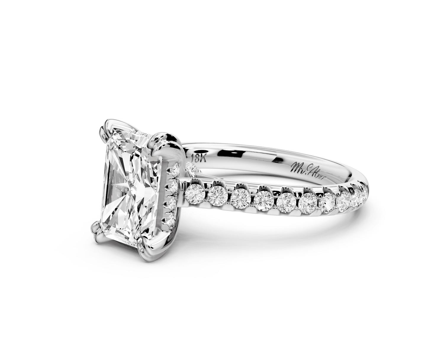Isabella - 2ct 18k white gold radiant hidden halo diamond bridge cathedral pavé engagement ring - Mr. Alex Jewelry