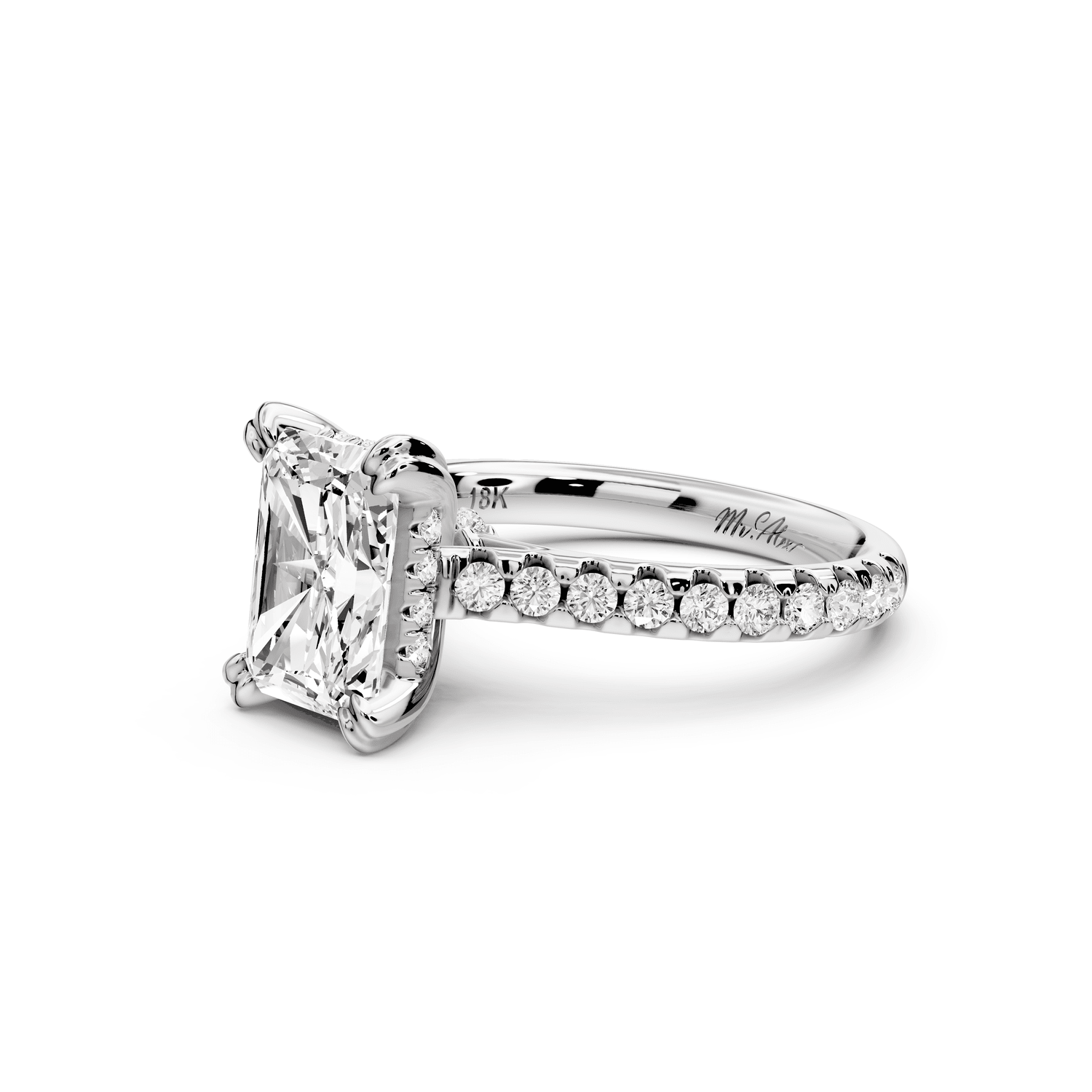 Isabella - 2ct 18k white gold radiant hidden halo diamond bridge cathedral pavé engagement ring - Mr. Alex Jewelry