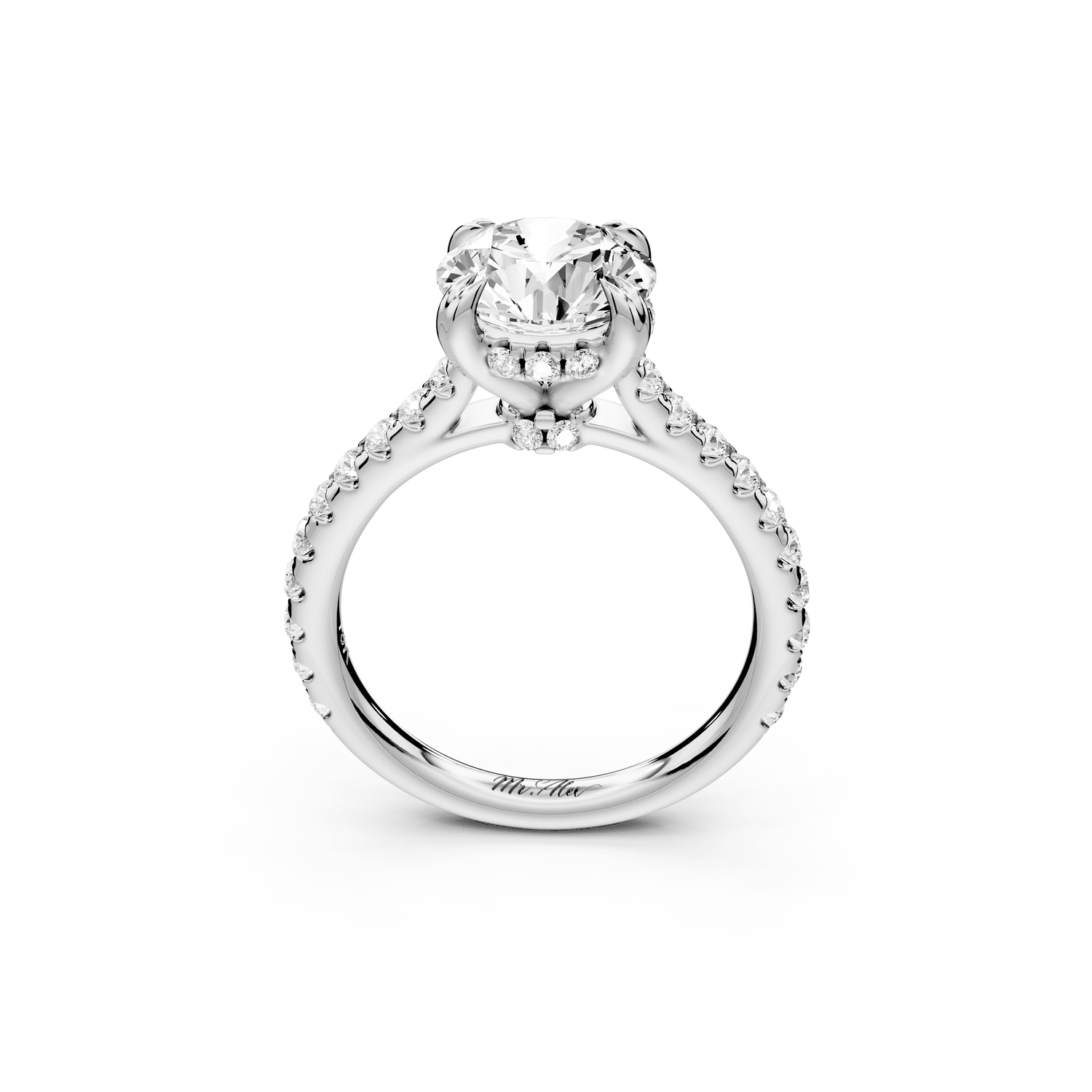 Isabella - 2ct 18k white gold round hidden halo diamond bridge cathedral pavé engagment ring - Mr. Alex Jewelry
