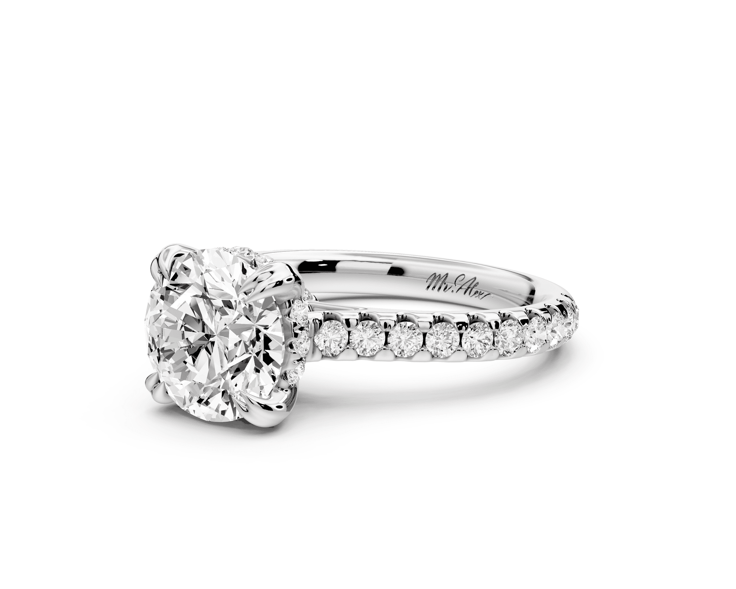 Isabella - 2ct 18k white gold round hidden halo diamond bridge cathedral pavé engagment ring - Mr. Alex Jewelry