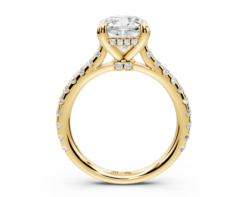 Isabella - 2ct 18k yellow gold cushion hidden halo diamond bridge cathedral pavé engagement ring - Mr. Alex Jewelry