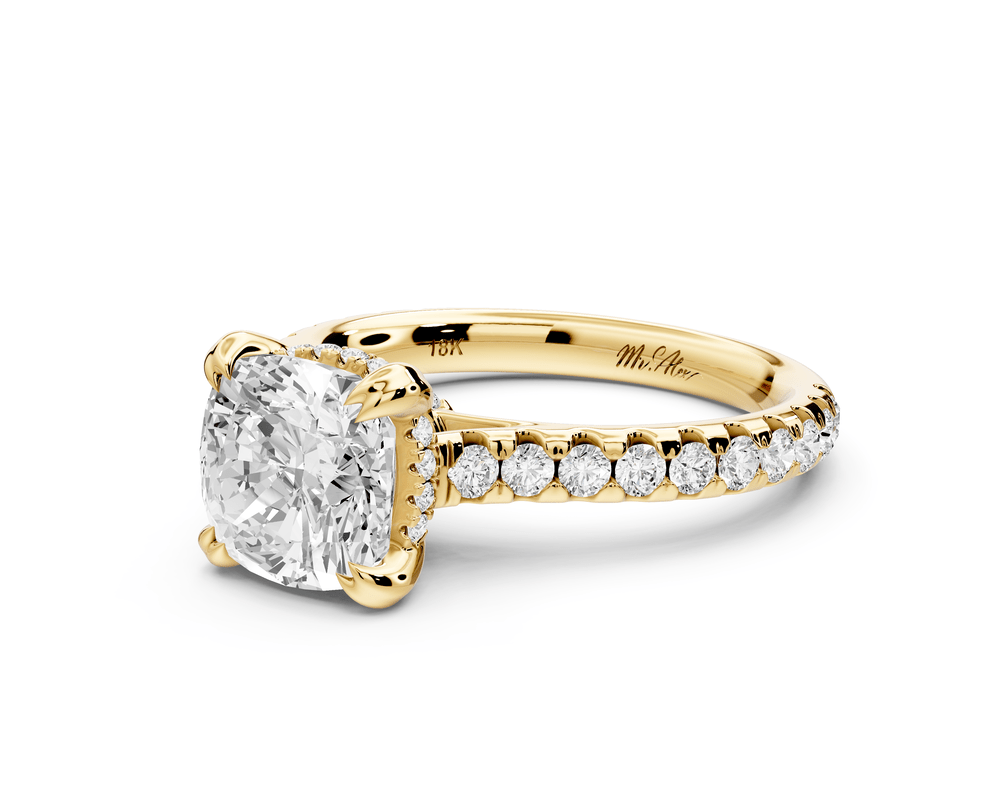Isabella - 2ct 18k yellow gold cushion hidden halo diamond bridge cathedral pavé engagement ring - Mr. Alex Jewelry