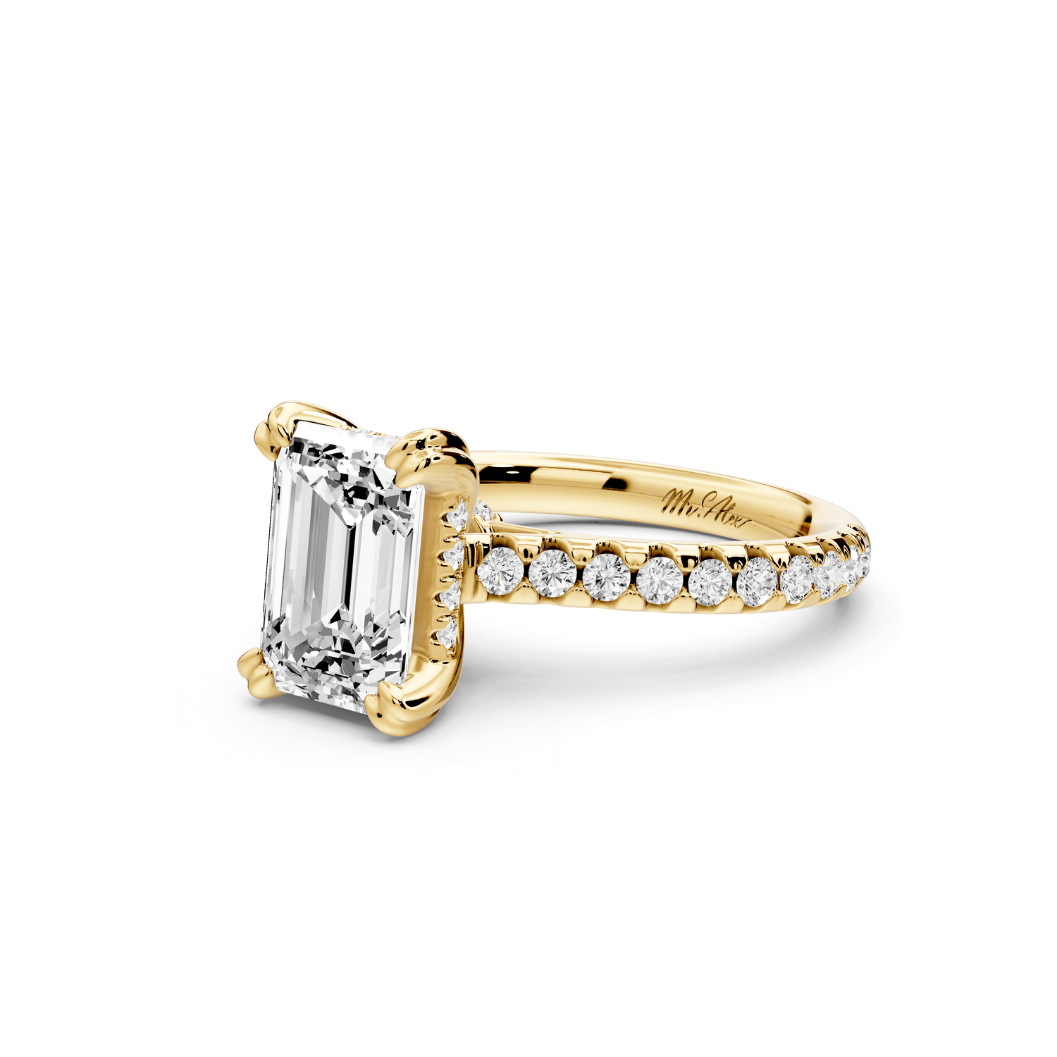 Isabella - 2ct 18k yellow gold emerald hidden halo diamond bridge cathedral pavé Engagement ring - Mr. Alex Jewelry