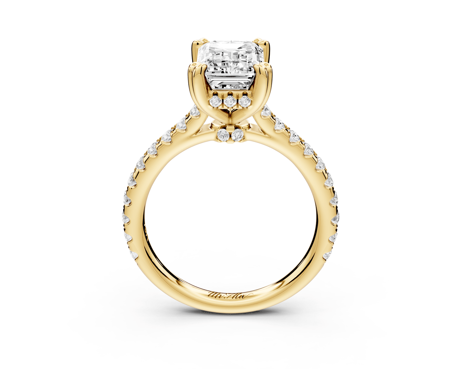 Isabella - 2ct 18k yellow gold emerald hidden halo diamond bridge cathedral pavé Engagement ring - Mr. Alex Jewelry