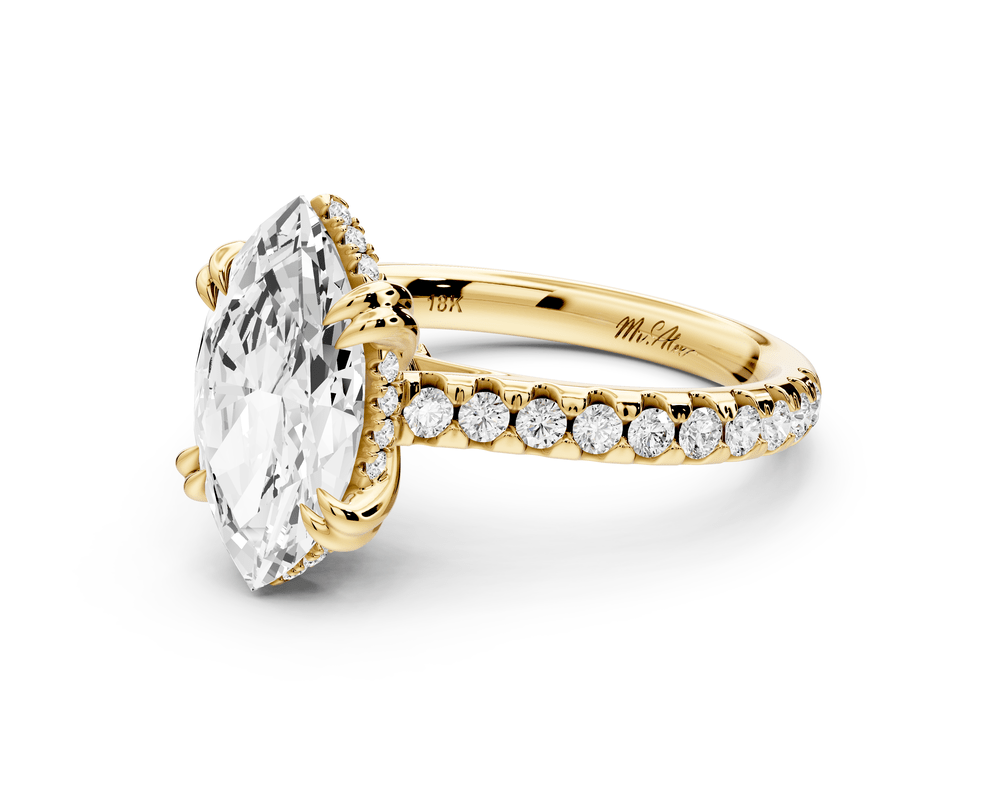 Isabella - 2ct 18k yellow gold marquise hidden halo diamond bridge cathedral pavé engagement ring - Mr. Alex Jewelry