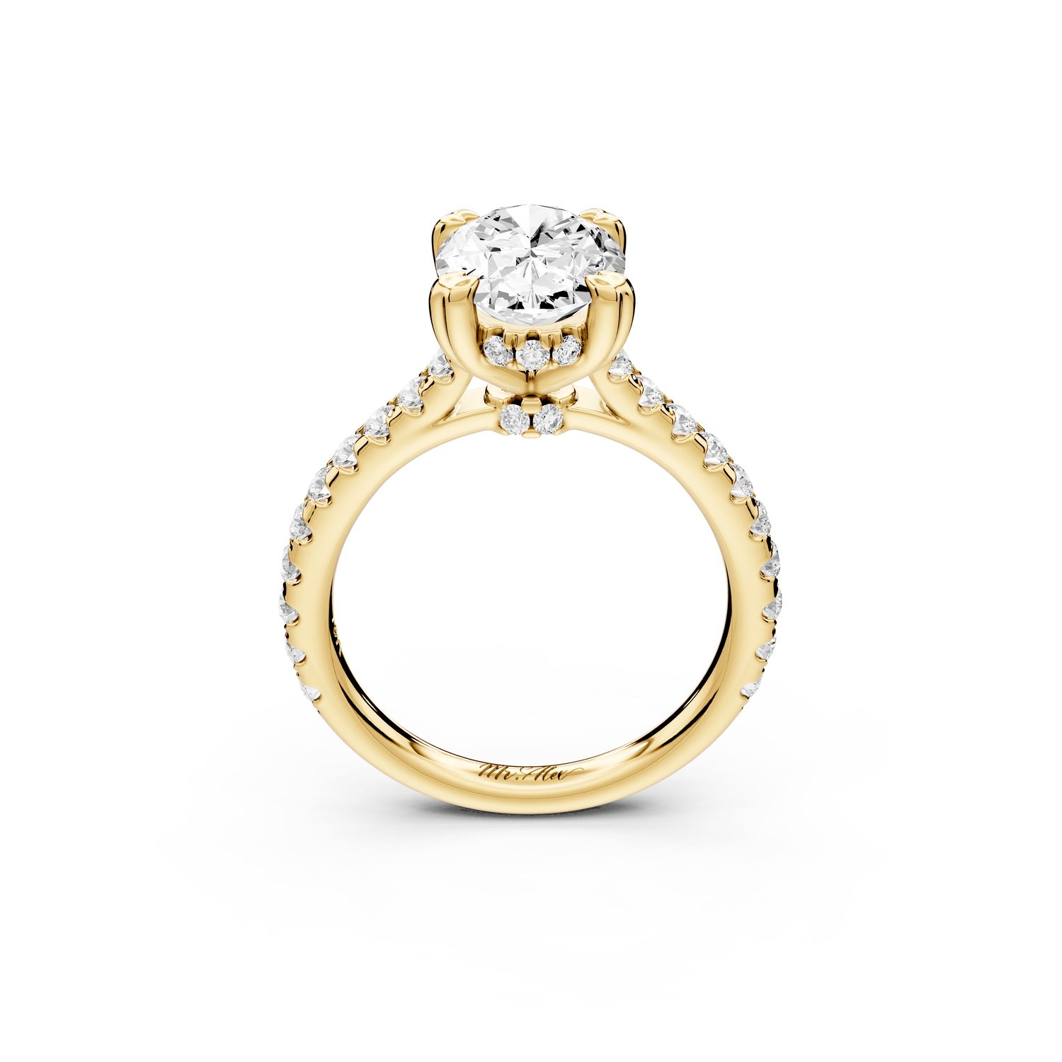 Isabella - 2ct 18k yellow gold oval hidden halo diamond bridge cathedral pavé Engagement ring - Mr. Alex Jewelry