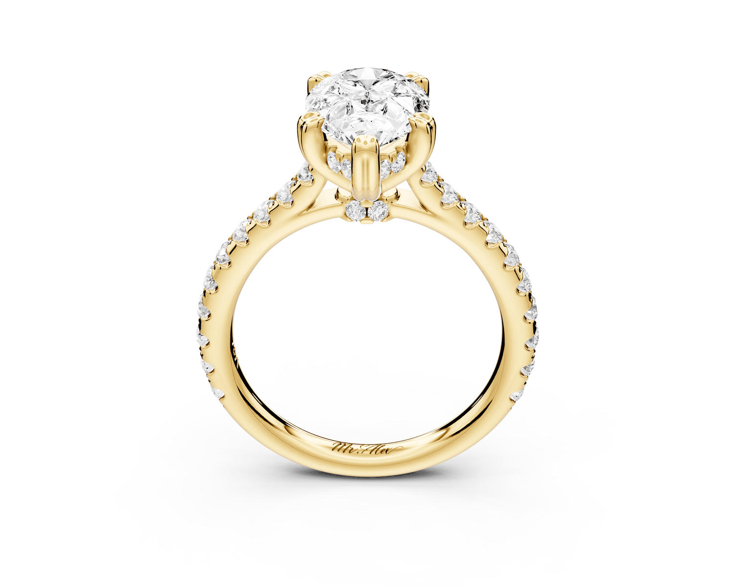 Isabella - 2ct 18k yellow gold pear hidden halo diamond bridge cathedral pavé Engagement ring - Mr. Alex Jewelry