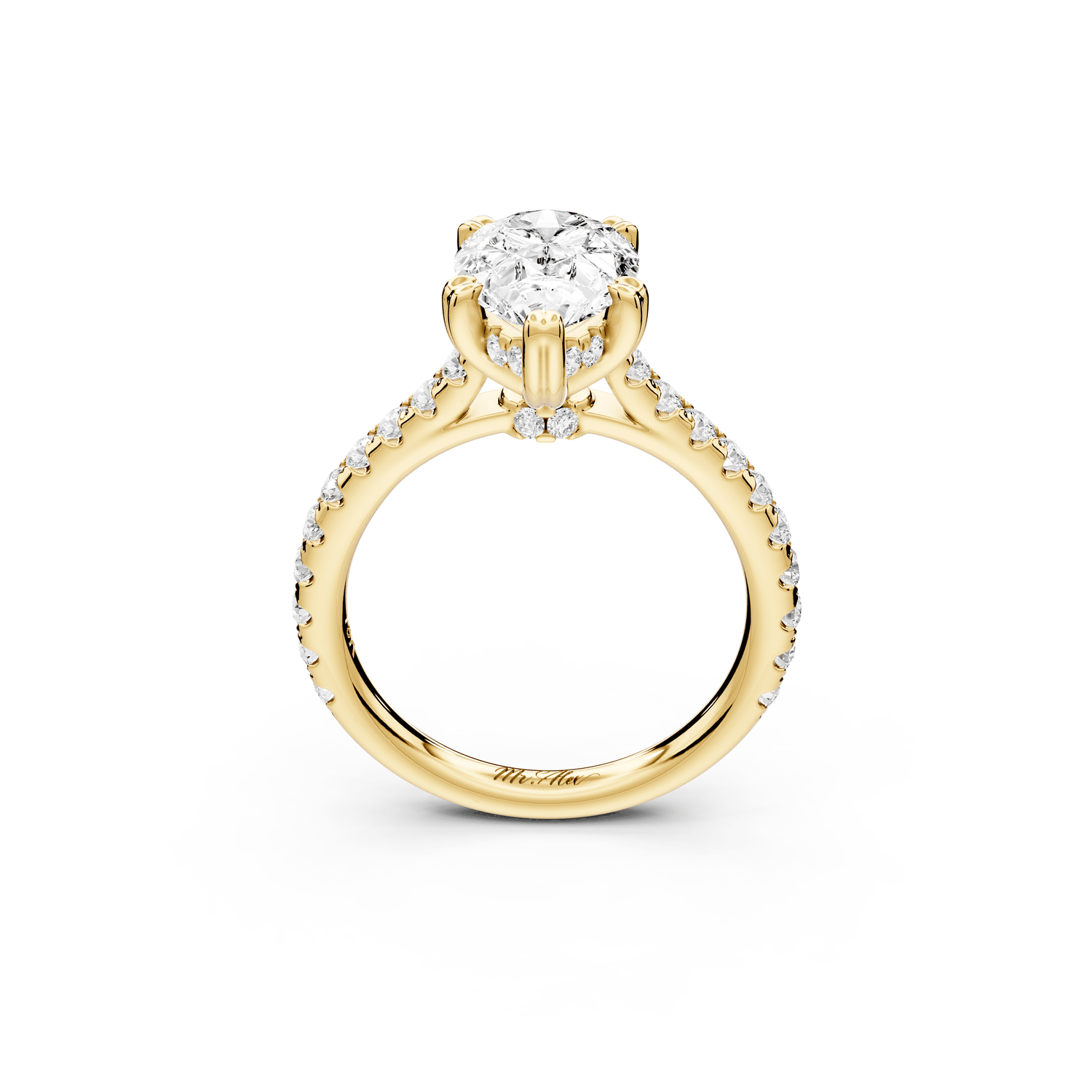 Isabella - 2ct 18k yellow gold pear hidden halo diamond bridge cathedral pavé Engagement ring - Mr. Alex Jewelry