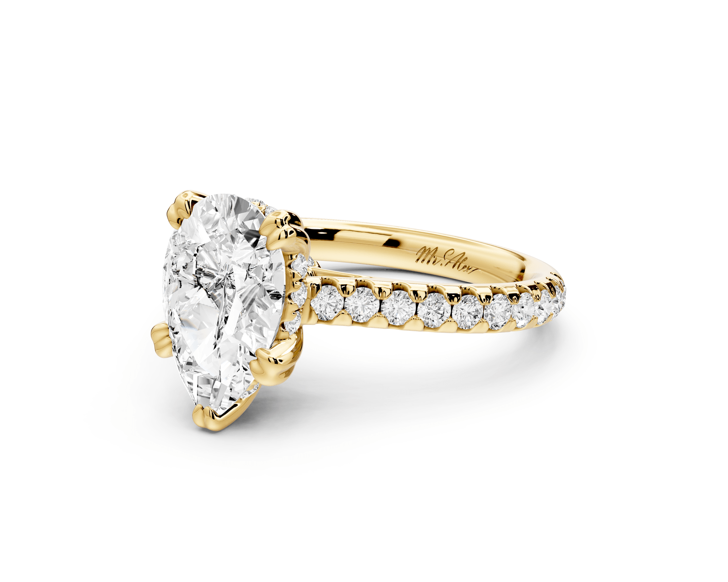 Isabella - 2ct 18k yellow gold pear hidden halo diamond bridge cathedral pavé Engagement ring - Mr. Alex Jewelry