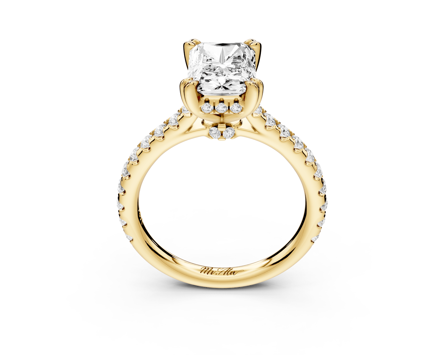 Isabella - 2ct 18k yellow gold radiant hidden halo diamond bridge cathedral pavé engagement ring - Mr. Alex Jewelry