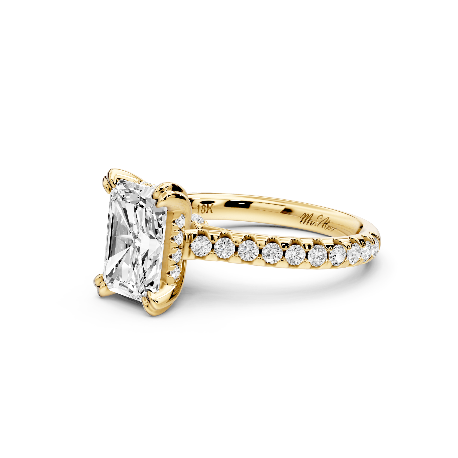 Isabella - 2ct 18k yellow gold radiant hidden halo diamond bridge cathedral pavé engagement ring - Mr. Alex Jewelry