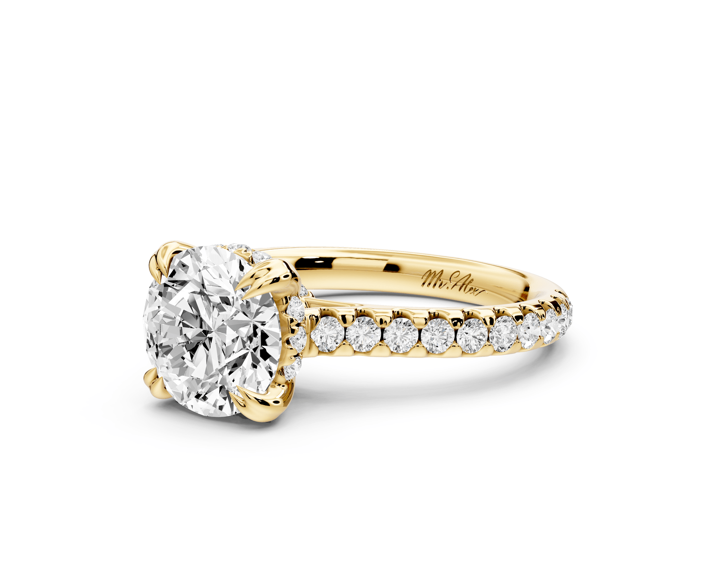 Isabella - 2ct 18k yellow gold round hidden halo diamond bridge cathedral pavé engagment ring - Mr. Alex Jewelry