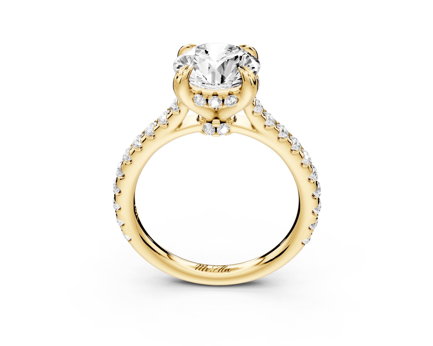 Isabella - 2ct 18k yellow gold round hidden halo diamond bridge cathedral pavé engagment ring - Mr. Alex Jewelry