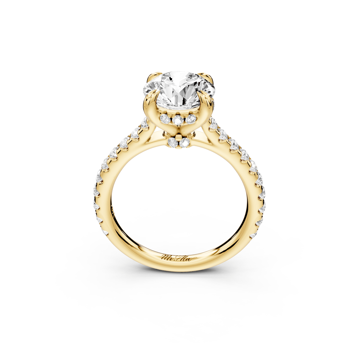 Isabella - 2ct 18k yellow gold round hidden halo diamond bridge cathedral pavé engagment ring - Mr. Alex Jewelry