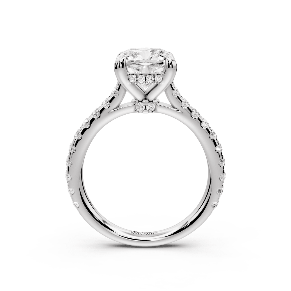 Isabella - 2ct platinum cushion hidden halo diamond bridge cathedral pavé engagement ring - Mr. Alex Jewelry