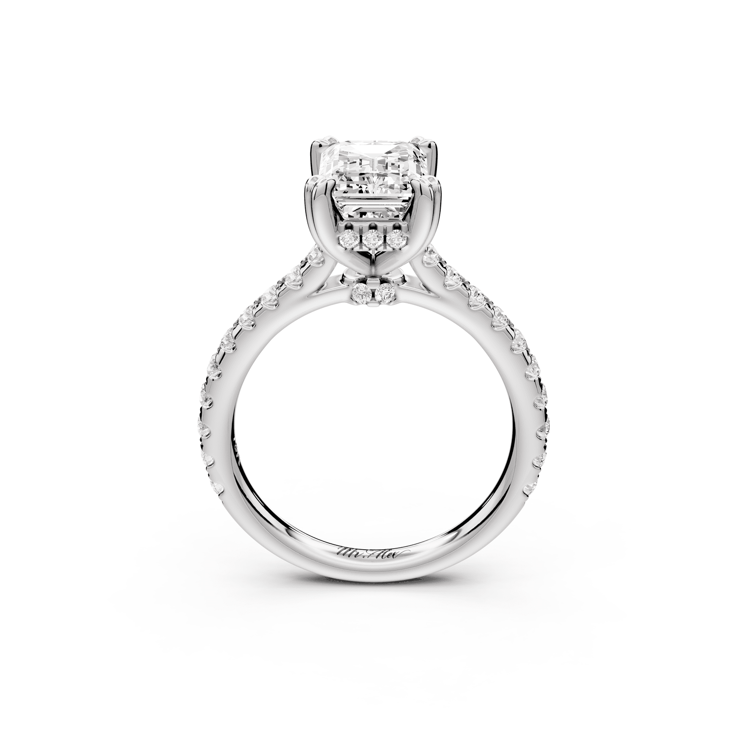 Isabella - 2ct platinum emerald hidden halo diamond bridge cathedral pavé Engagement ring - Mr. Alex Jewelry