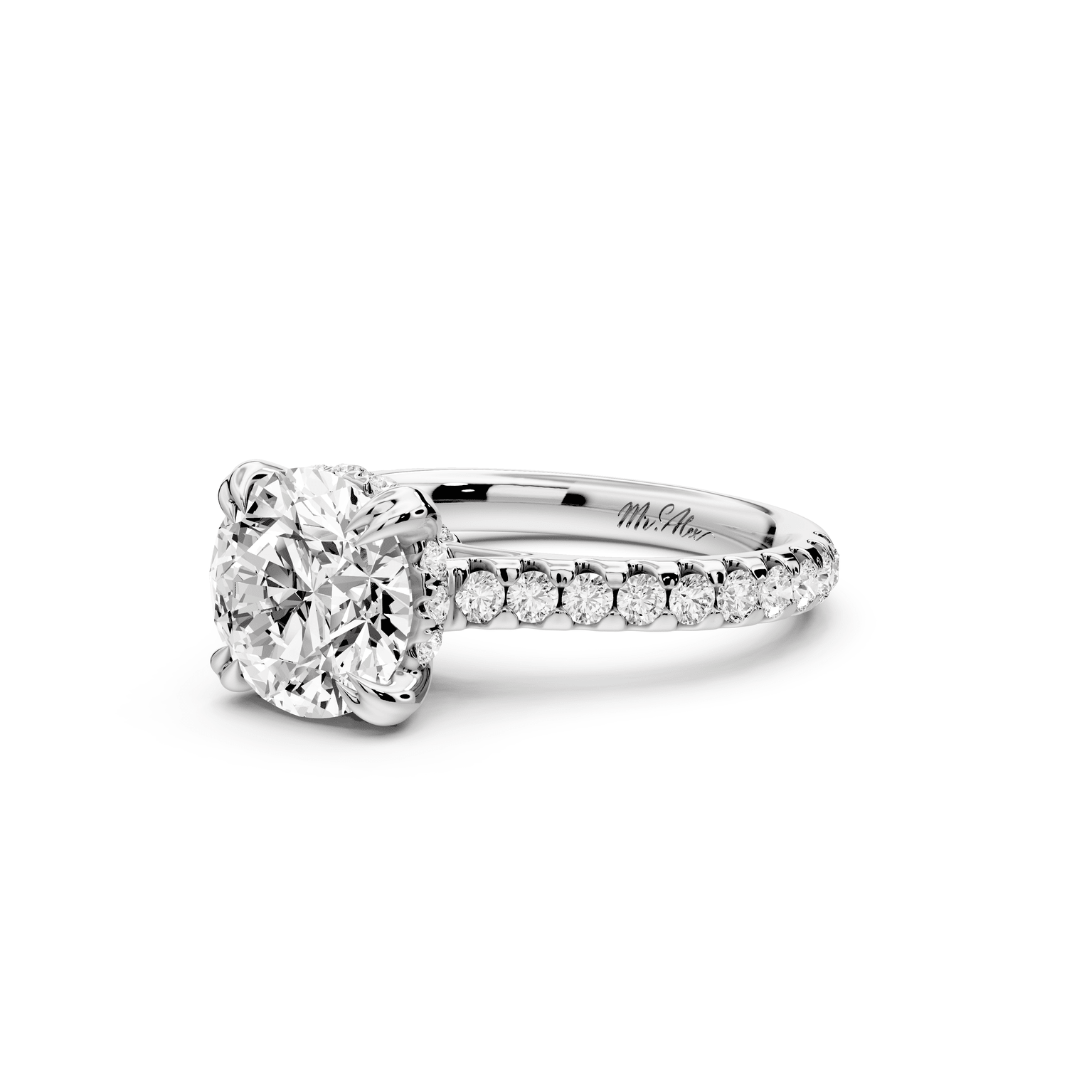 Isabella - 2ct platinum round hidden halo diamond bridge cathedral pavé engagment ring - Mr. Alex Jewelry