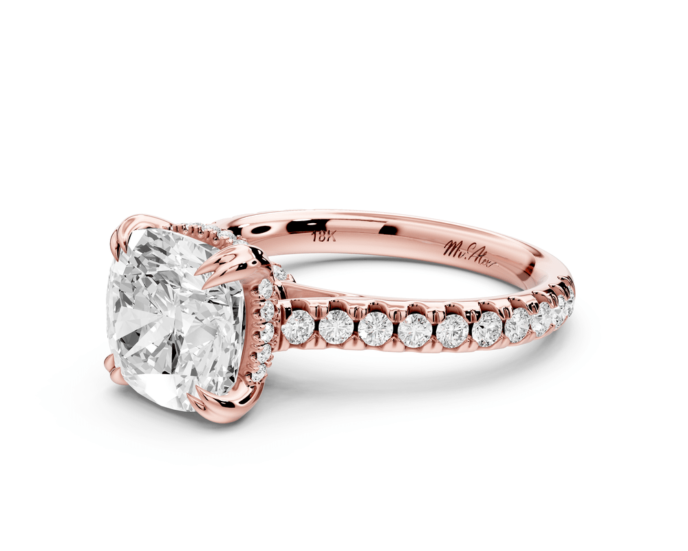 Isabella - 3ct 14k rose gold cushion hidden halo diamond bridge cathedral pavé engagement ring - Mr. Alex Jewelry
