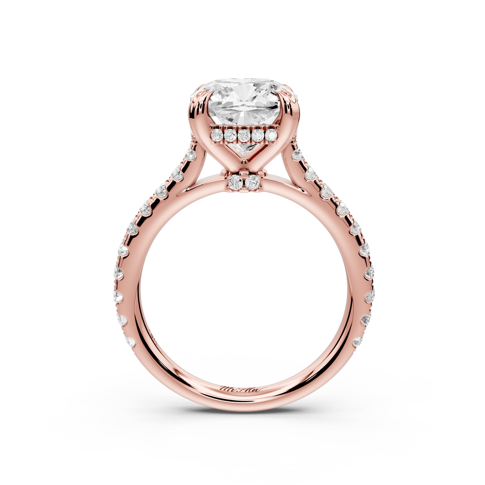 Isabella - 3ct 14k rose gold cushion hidden halo diamond bridge cathedral pavé engagement ring - Mr. Alex Jewelry
