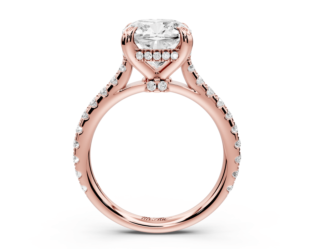Isabella - 3ct 14k rose gold cushion hidden halo diamond bridge cathedral pavé engagement ring - Mr. Alex Jewelry