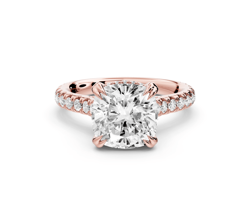 Isabella - 3ct 14k rose gold cushion hidden halo diamond bridge cathedral pavé engagement ring - Mr. Alex Jewelry