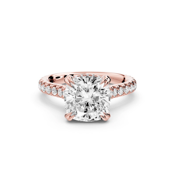 Isabella - 3ct 14k rose gold cushion hidden halo diamond bridge cathedral pavé engagement ring - Mr. Alex Jewelry