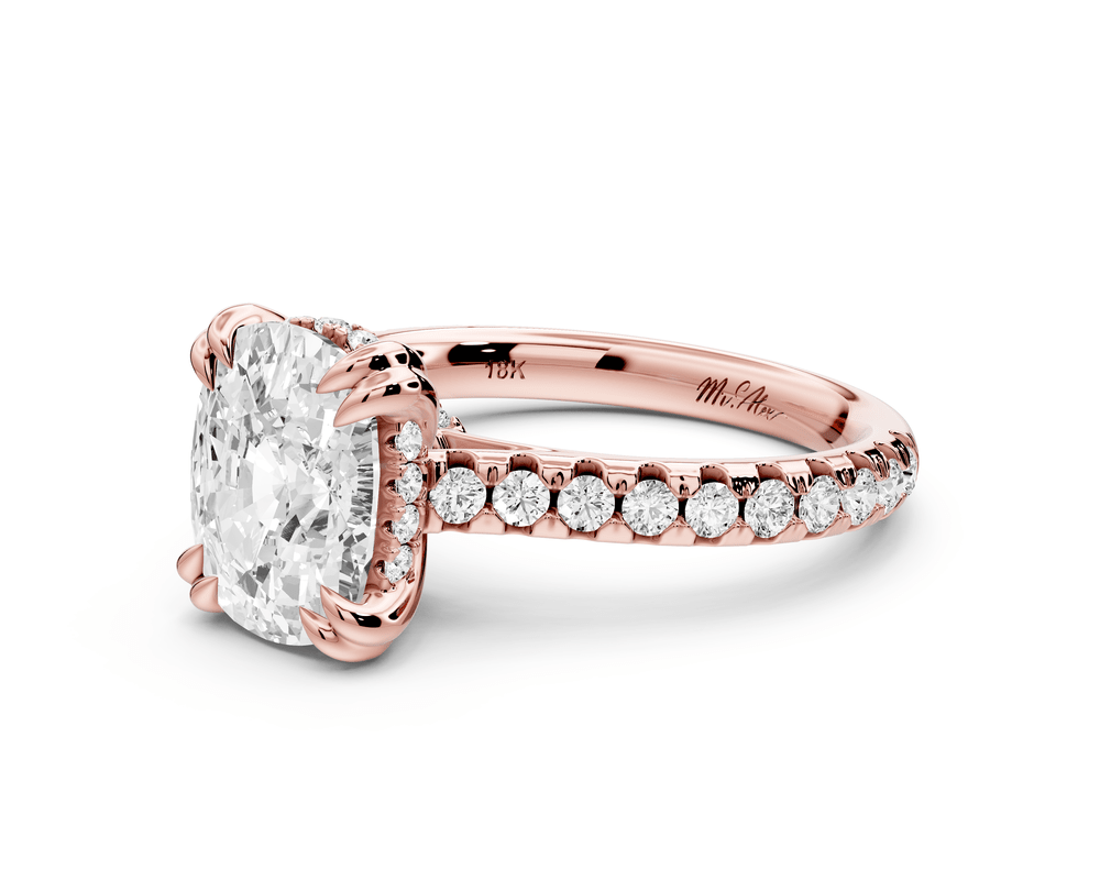 Isabella - 3ct 14k rose gold ecushion hidden halo diamond bridge cathedral pavé engagement ring - Mr. Alex Jewelry