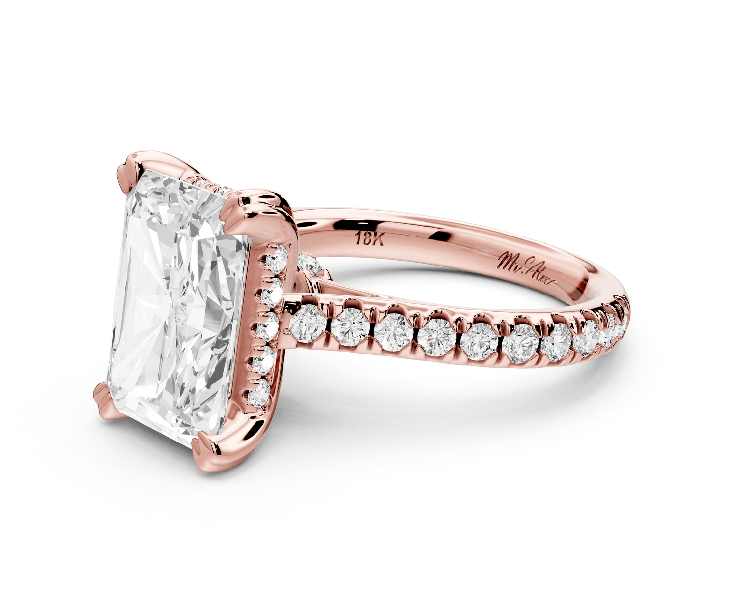 Isabella - 3ct 14k rose gold radiant hidden halo diamond bridge cathedral pavé engagement ring - Mr. Alex Jewelry