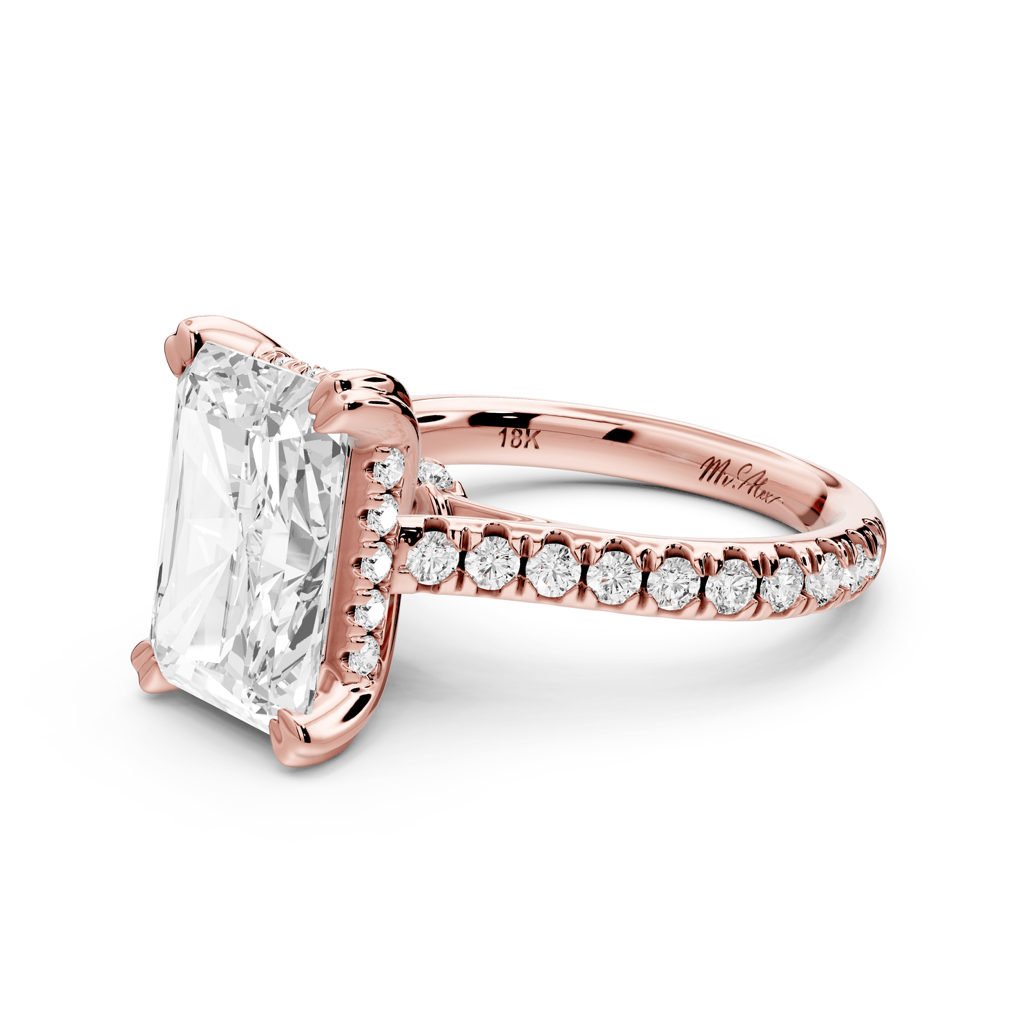 Isabella - 3ct 14k rose gold radiant hidden halo diamond bridge cathedral pavé engagement ring - Mr. Alex Jewelry