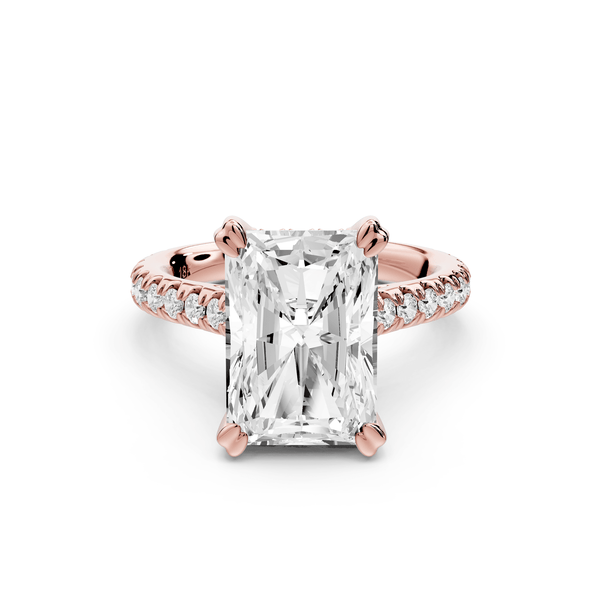 Isabella - 3ct 14k rose gold radiant hidden halo diamond bridge cathedral pavé engagement ring - Mr. Alex Jewelry
