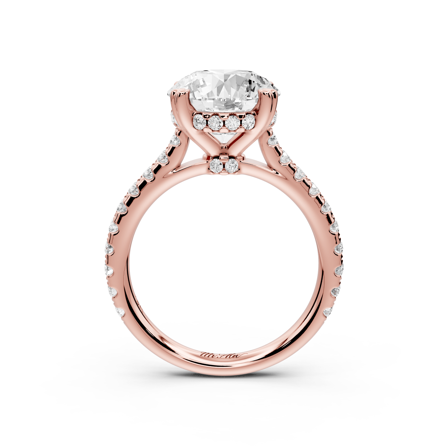 Isabella - 3ct 14k rose gold round hidden halo diamond bridge cathedral pavé engagment ring - Mr. Alex Jewelry