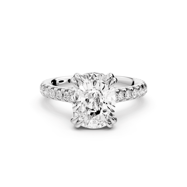Isabella - 3ct 14k white gold ecushion hidden halo diamond bridge cathedral pavé engagement ring - Mr. Alex Jewelry