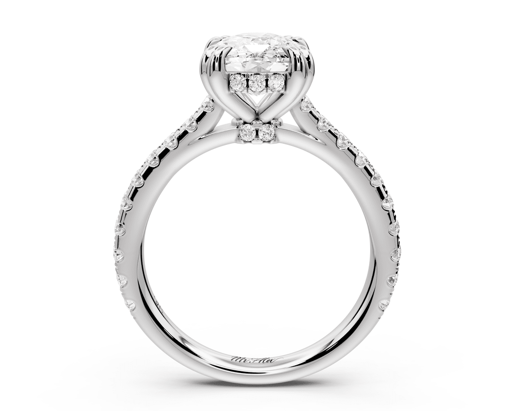 Isabella - 3ct 14k white gold ecushion hidden halo diamond bridge cathedral pavé engagement ring - Mr. Alex Jewelry