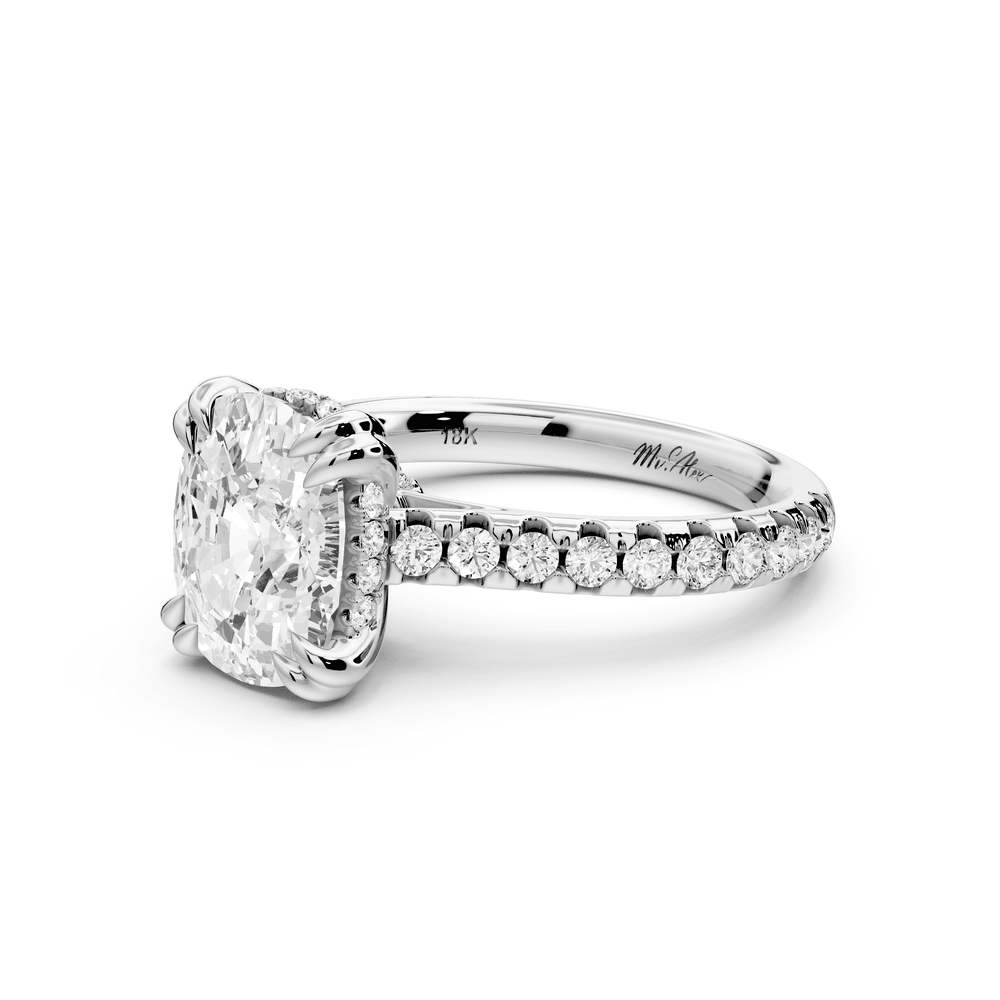 Isabella - 3ct 14k white gold ecushion hidden halo diamond bridge cathedral pavé engagement ring - Mr. Alex Jewelry