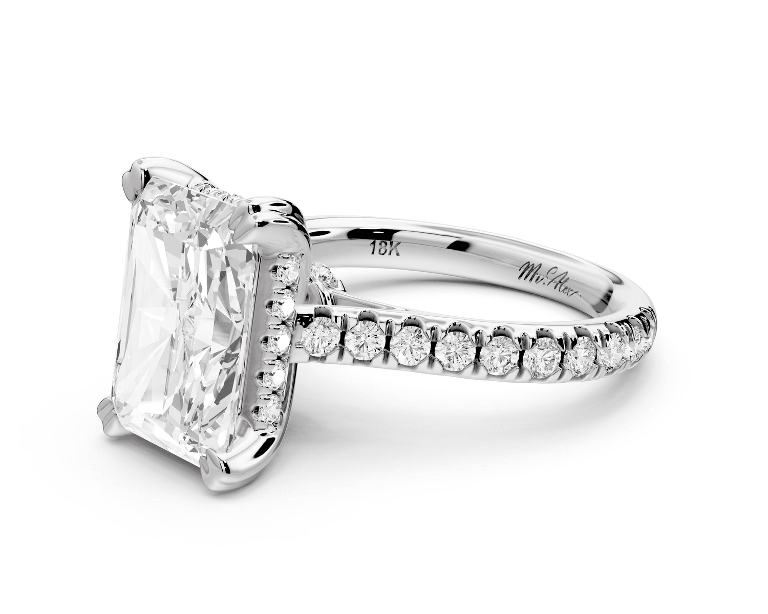 Isabella - 3ct 14k white gold radiant hidden halo diamond bridge cathedral pavé engagement ring - Mr. Alex Jewelry