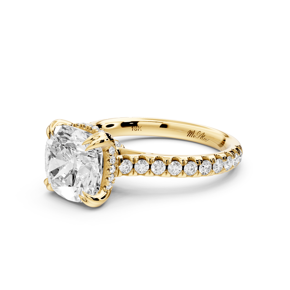 Isabella - 3ct 14k yellow gold cushion hidden halo diamond bridge cathedral pavé engagement ring - Mr. Alex Jewelry