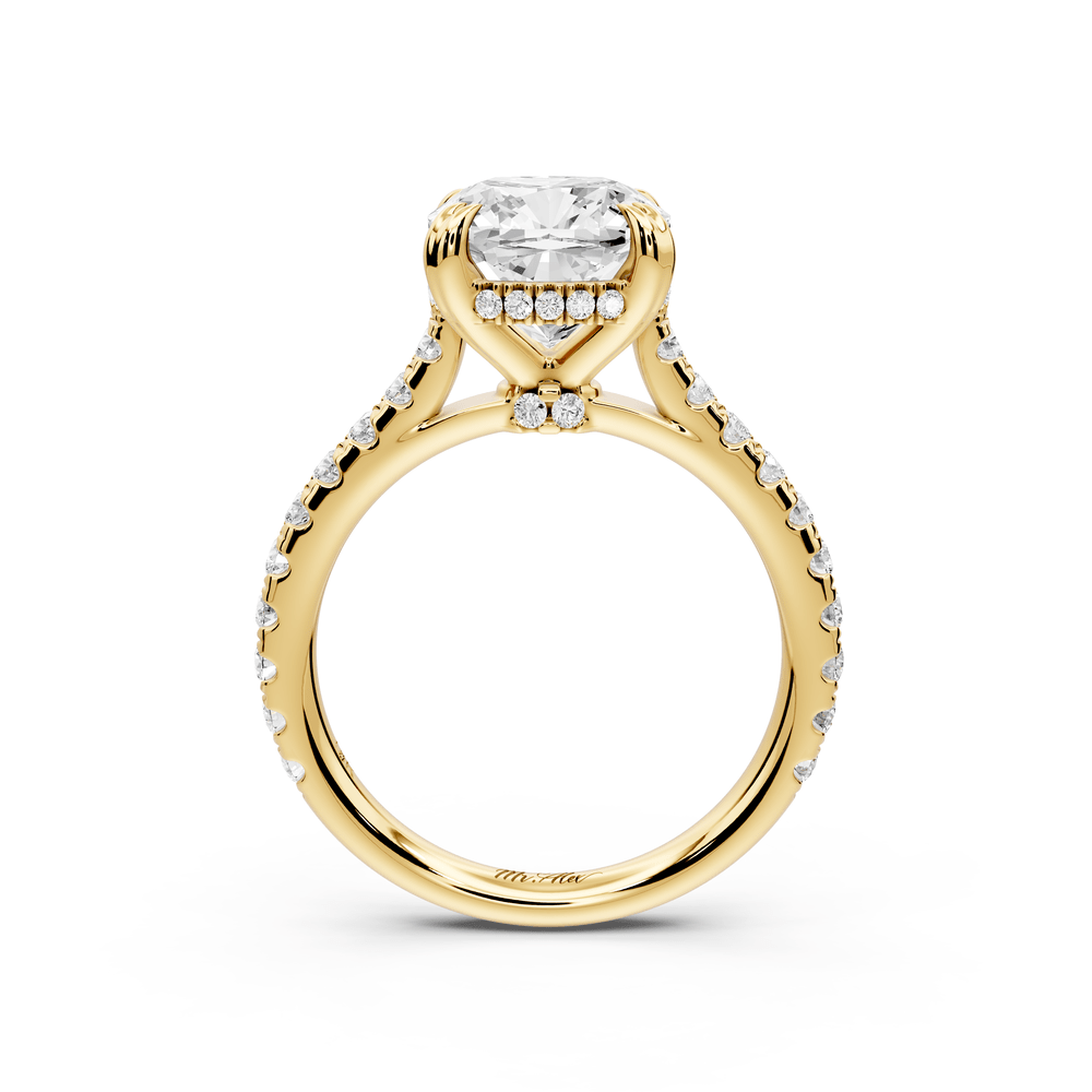 Isabella - 3ct 14k yellow gold cushion hidden halo diamond bridge cathedral pavé engagement ring - Mr. Alex Jewelry