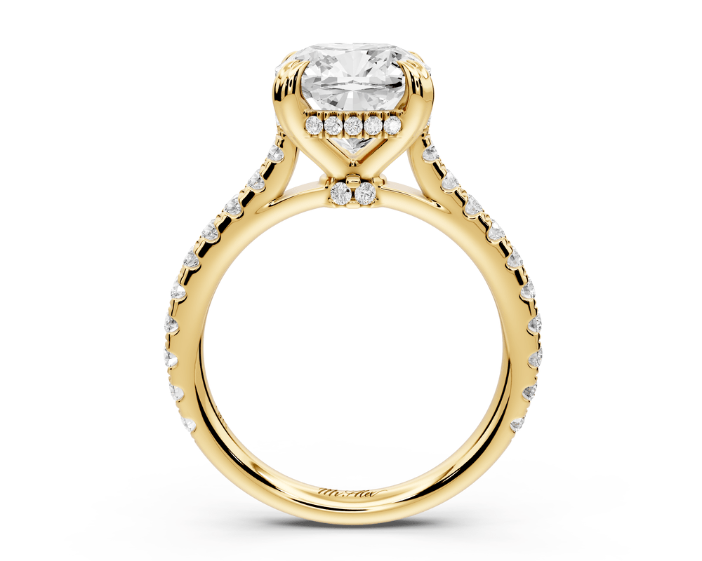 Isabella - 3ct 14k yellow gold cushion hidden halo diamond bridge cathedral pavé engagement ring - Mr. Alex Jewelry