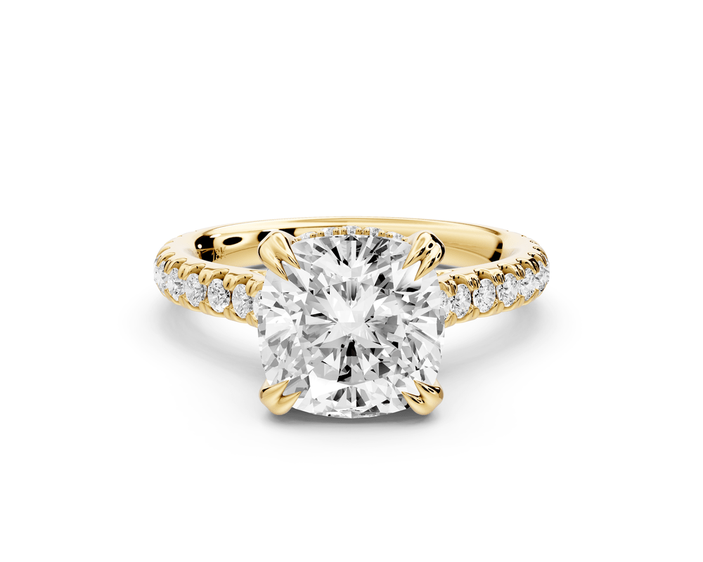 Isabella - 3ct 14k yellow gold cushion hidden halo diamond bridge cathedral pavé engagement ring - Mr. Alex Jewelry