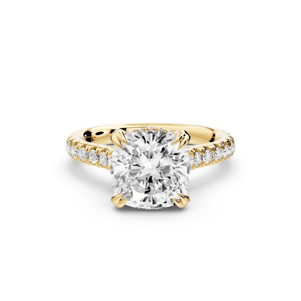 Isabella - 3ct 14k yellow gold cushion hidden halo diamond bridge cathedral pavé engagement ring - Mr. Alex Jewelry