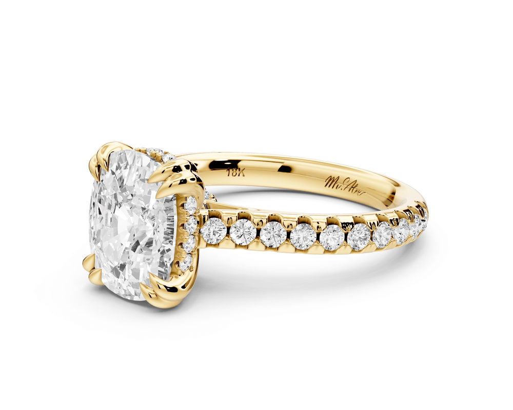 Isabella - 3ct 14k yellow gold ecushion hidden halo diamond bridge cathedral pavé engagement ring - Mr. Alex Jewelry
