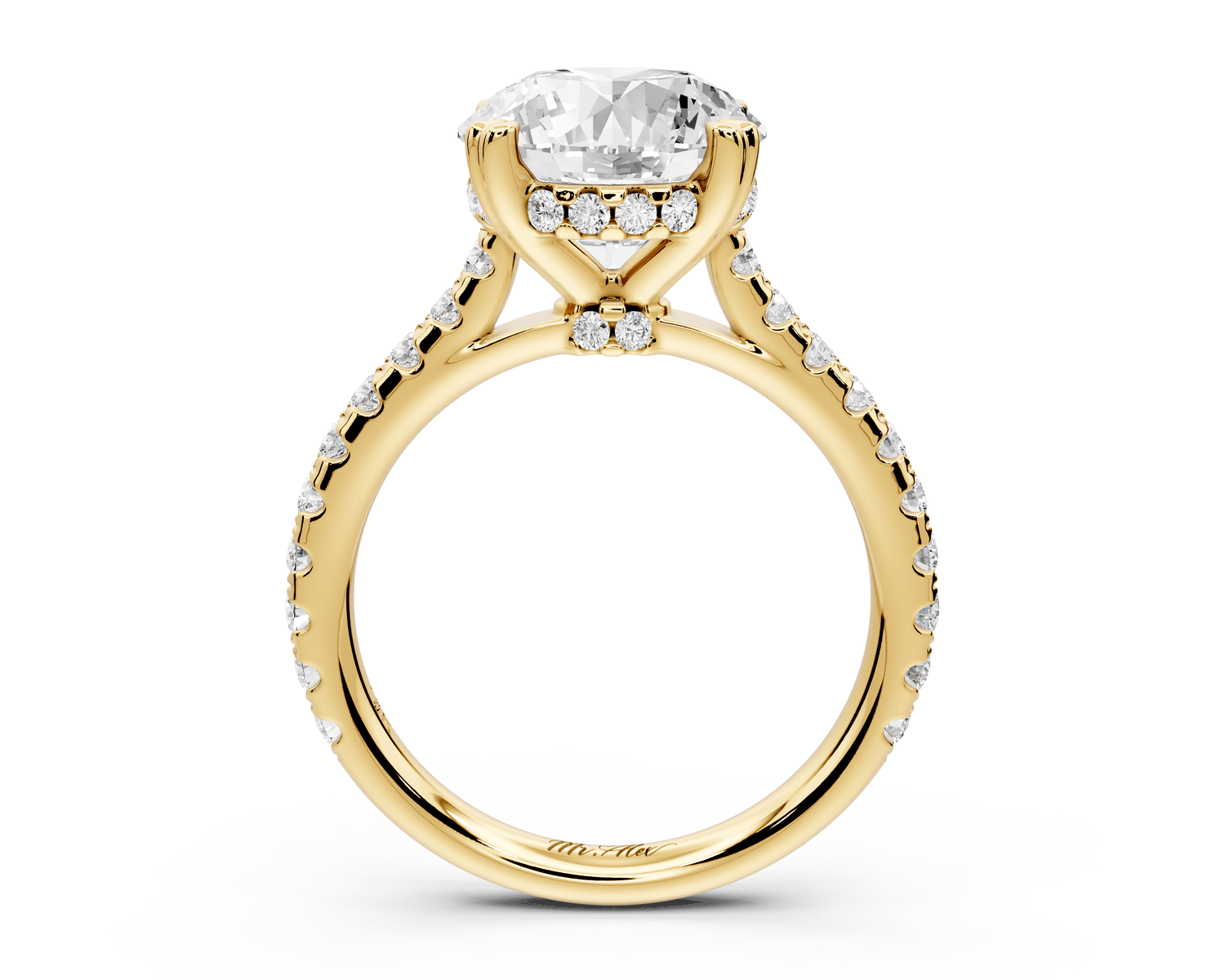 Isabella - 3ct 14k yellow gold round hidden halo diamond bridge cathedral pavé engagment ring - Mr. Alex Jewelry